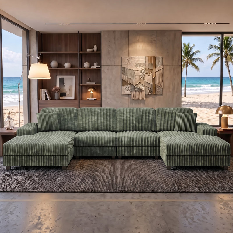Canapé modulaire surdimensionné en U de 137 po avec 4 pièces de rangement en velours côtelé et 2 chaises, Velours côtelé vert