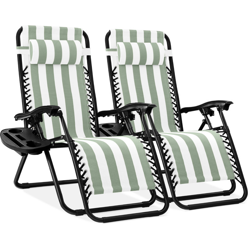  Set Of 2 Zero Gravity Lounge Chair Recliners For Patio, Pool W/ Cup Holder Tray - Sage Striped, Sage Striped, Black