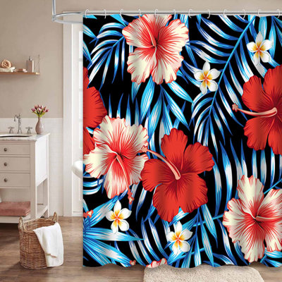 Waterproof Red Blue Palm Leaf Trendy Hawaiian Hibiscus Shower Curtain with 12 Hooks