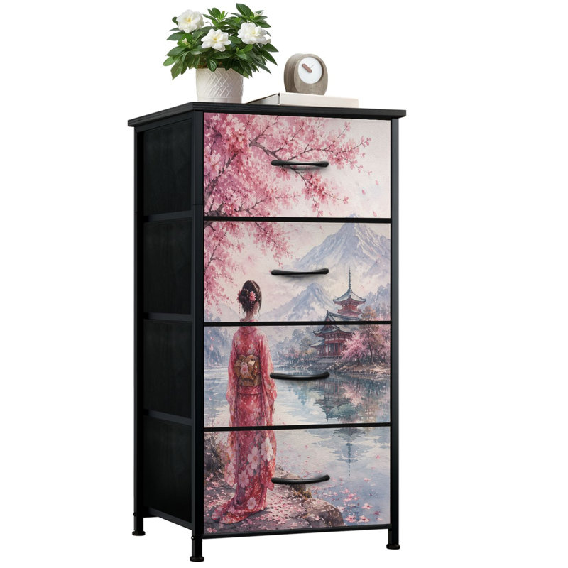Commode de rangement verticale 4 tiroirs Serene Japanese Garden Cherry Blossoms Traditional