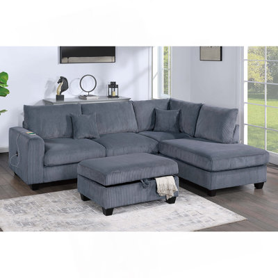 Modern Style 3Pc Sectional Set USB Port Storage Ottoman Right Arm Chaise Left Arm Sofa Dark Gray Finish Primary Living Room