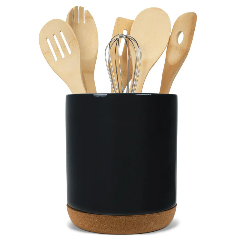 Très grand support d'ustensiles de cuisine en liège et céramique lustré noir lustré