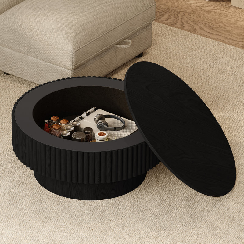Round Drum Coffee Table with Storage, Black, 14" H x 35" W x 35" D