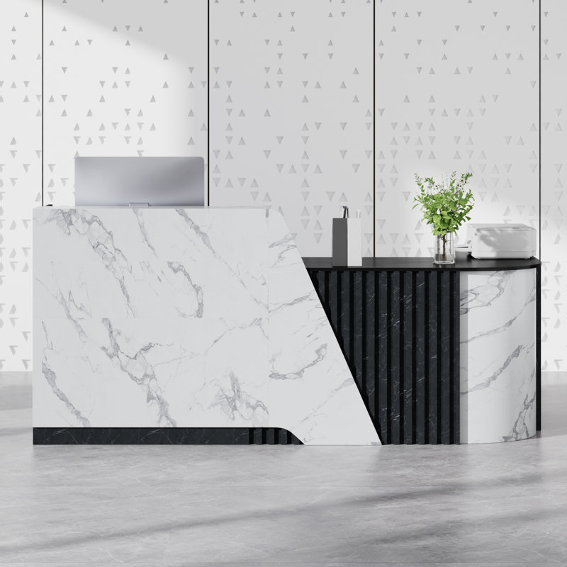 Grand comptoir de réception en L avec grille en bois, comptoir de réception moderne avec tiroirs verrouillables, rangement et plateau à clavier, pour caisse, hall d'entrée, bureau