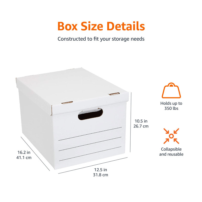 Basic Storage File Boxes With Lid And Handle, Legal/Letter Size, Basic, 20-Pack, White, 16.2"L X 12.5"W X 10.5"H