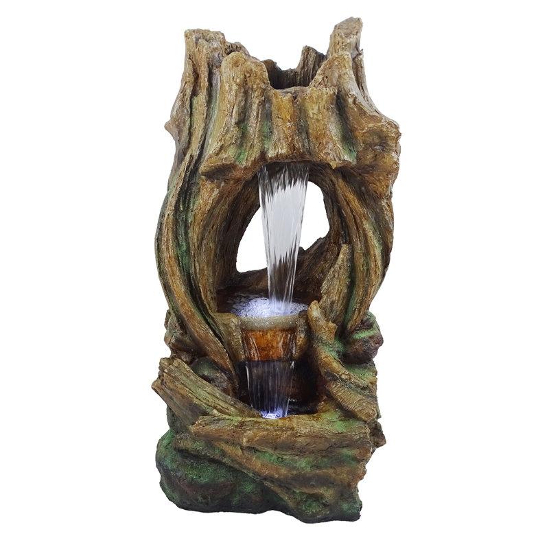 Open Tree Trunk Fountain w/Cool White LED Lights, 40" H x 17" W x 20" D