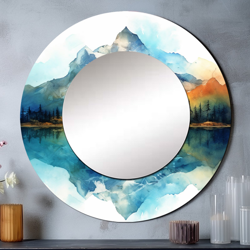 Saeger Calming Mountain Riverside III - Mountains Decorative Mirror, Turquoise Round Wall Mirror, Printed Metal Art