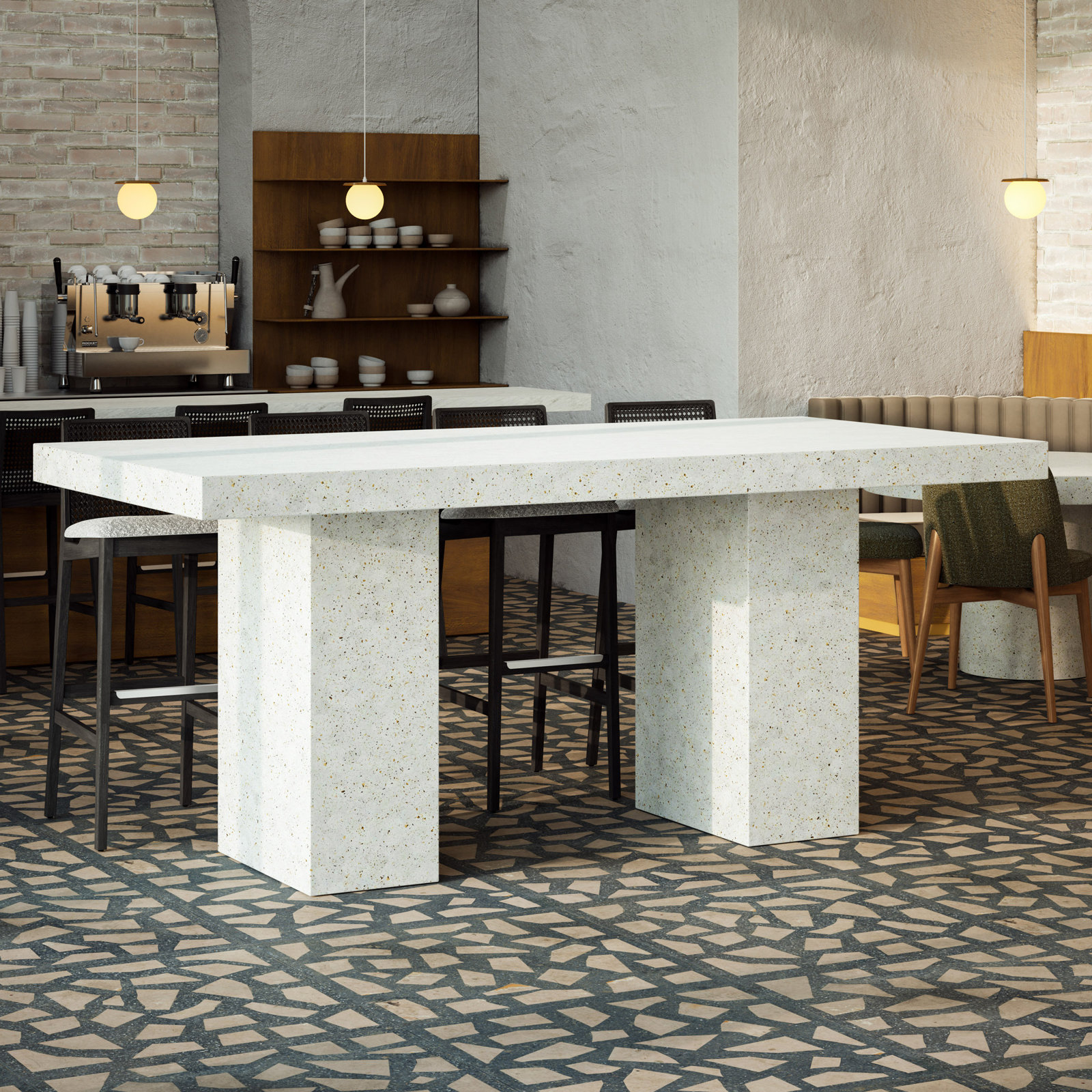 Kareen Pedestal Dining Table, Bar Table (41.75" Height), 95" L x 47" W, Ivory Terrazo
