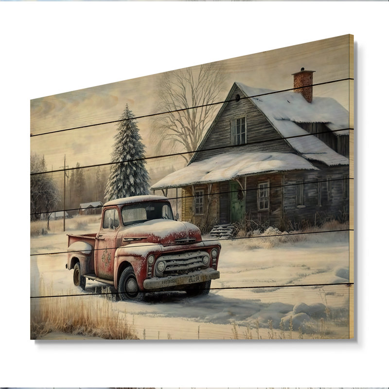 Camion rouge par Farmhouse - impression sans cadre sur bois, H 30 po x l 40 po x P 1,5 po