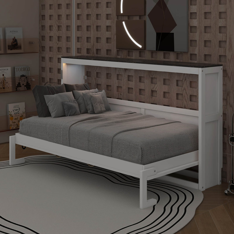 Lit escamotable simple avec lumière DEL, Blanc / Brun