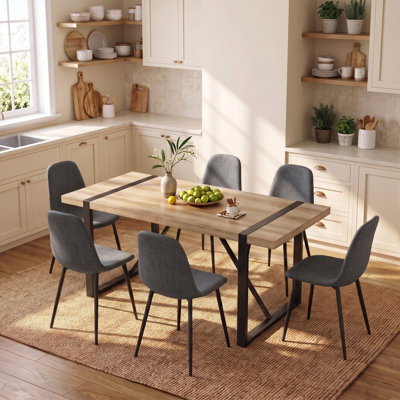 7-Piece Modern Industrial 71" Rectangular Wood Dining Set with Upholstered Chairs
