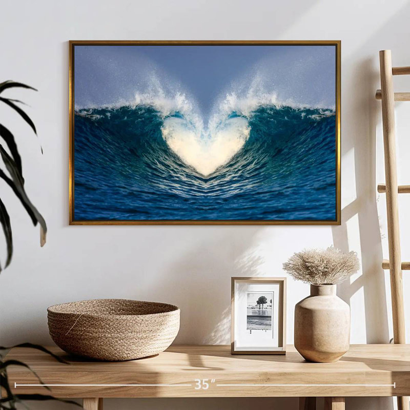 Vague de cœur océanique, 25 po x 17 po, Cadre flottant doré