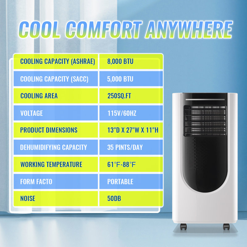 Portable Air Conditioner 8,000 BTU ASHARE(5,000 BTU SACC), Portable AC Cool Rooms up to 250 Sq.Ft, 3-in-1 AC Unit with Remote Control&24H Timer, Window Kit Included