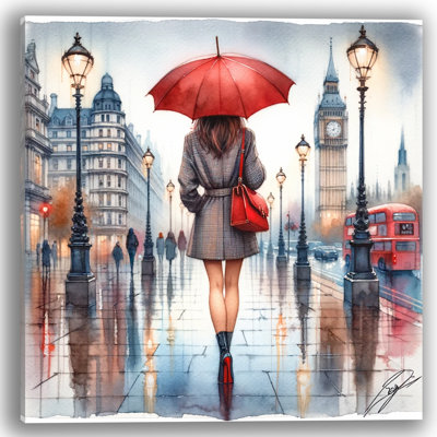 Paysage urbain emblématique de Londres en bruine avec parasol rouge