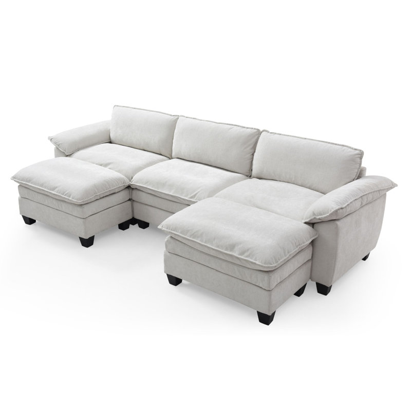 120" Wide 3 Seat U-Shaped Modular Chenille Sectional Sofa Couch, Beige Chenille
