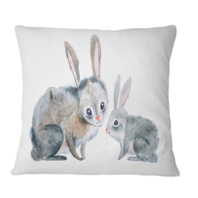 Mère, lapin et bébé lapin - Coussin décoratif imprimé traditionnel, 16 po x 16 po
