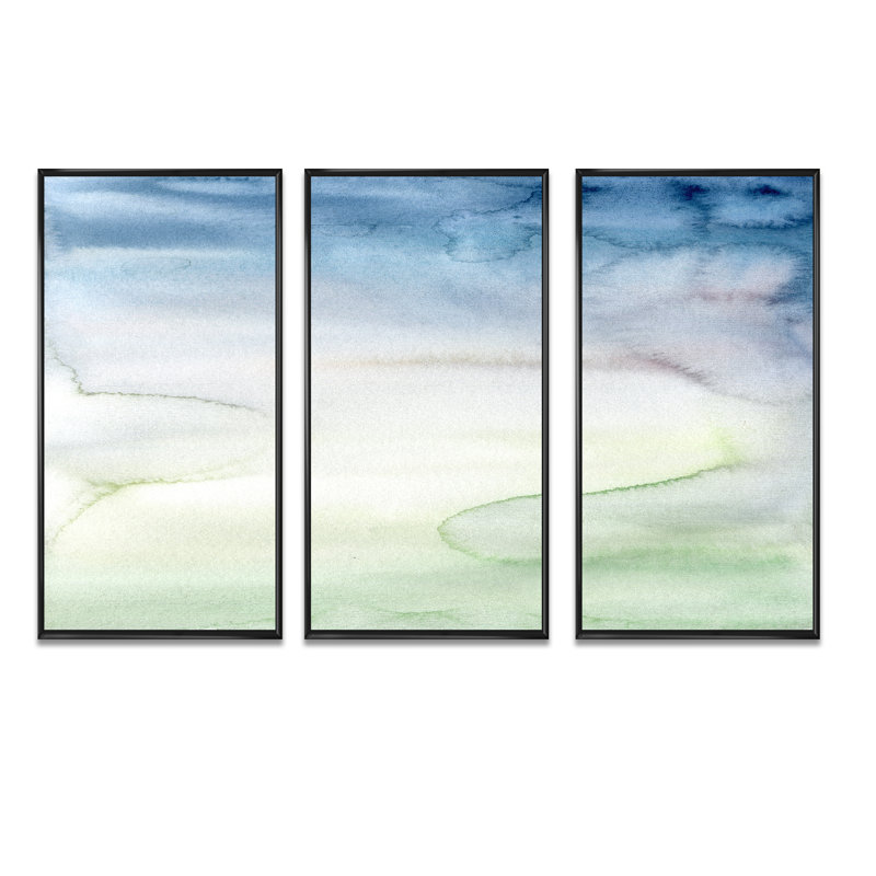 Pastel abstrait avec taches bleu foncé, vertes et blanches - ensemble d'art moderne sur toile encadrée moderne de 3, Noir