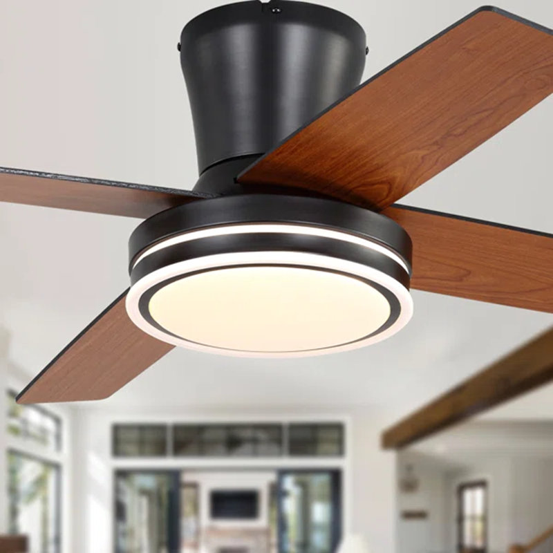 44" Modern Flush Mount Ceiling Fan with Lights and Remote, 6 Speed Reversible DC Motor, Low Profile Ceiling Fan, Black, Black
