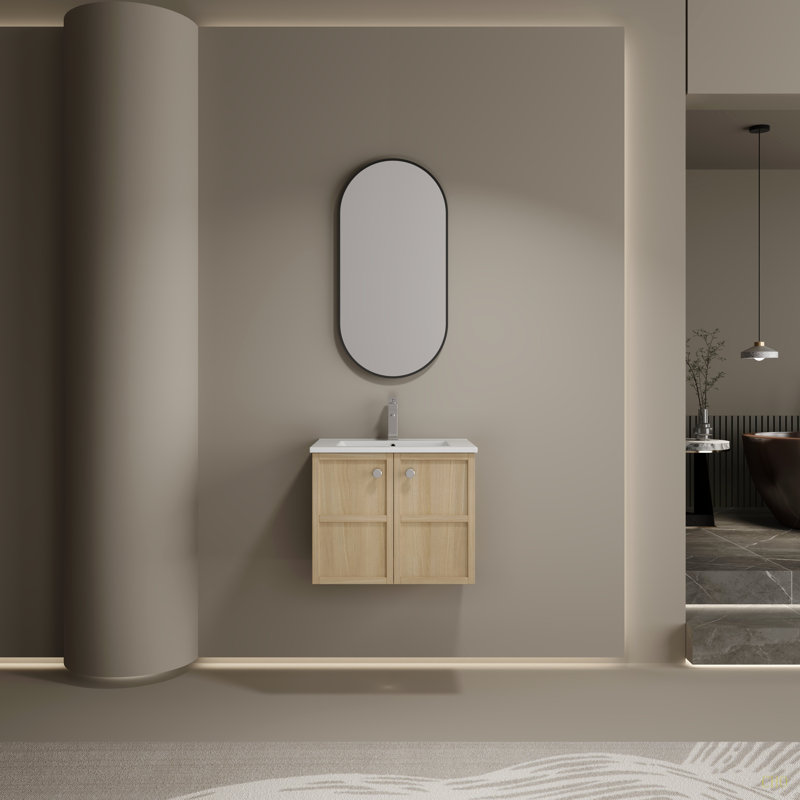 Lavabo de salle de bain mural en céramique, 2 portes à fermeture douce, contreplaqué, 24"