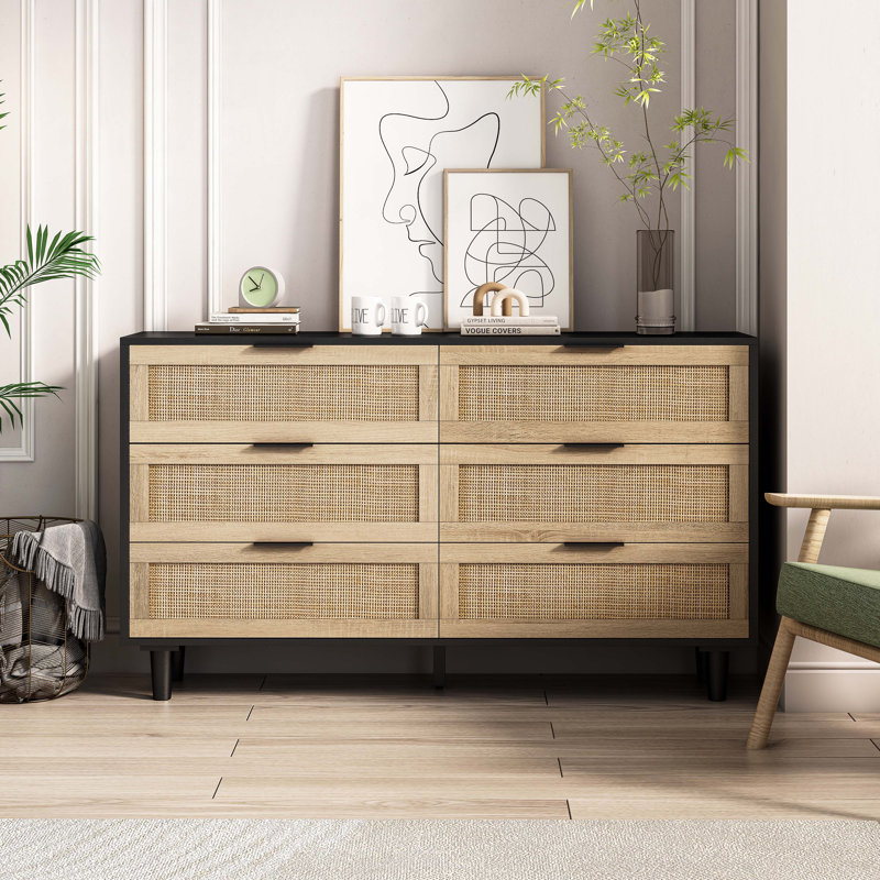 Console en bois avec 6 tiroirs, bois, Noir, H 29,53 po x l 51,18 po x P 15,75 po
