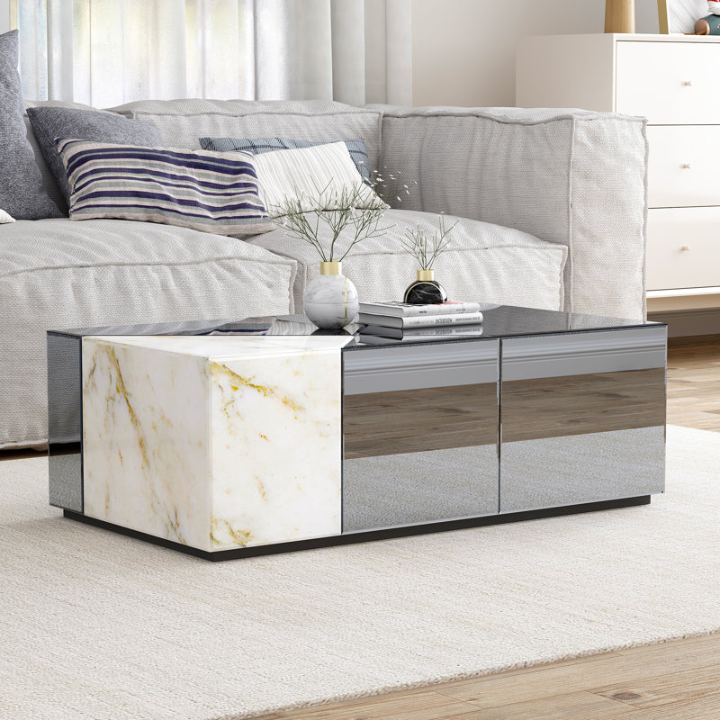 Benley 39.37''W Mirrored Modern Block Coffee Table, Gray/White