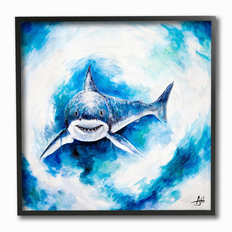 " Ocean Sea Shark Animal Blue Watercolor Painting " Painting Print, Midnight Black Framed Giclee, 12" H x 12" W x 0.5" D