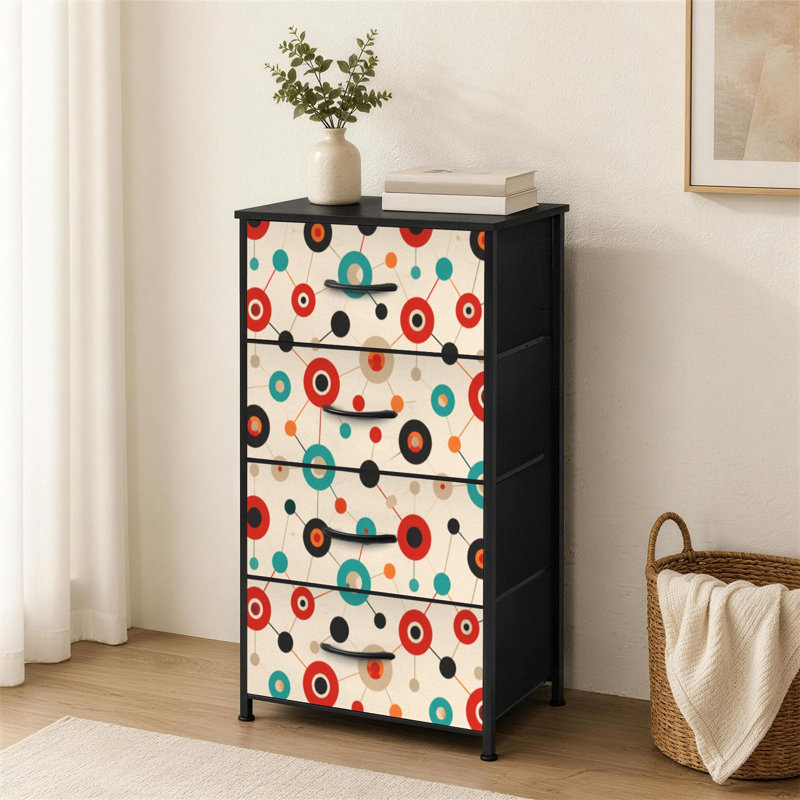 Commode à 4 tiroirs pour chambre à coucher de style Mid-Century des années 50 avec des couleurs rétro et une collection de pièces de petite taille