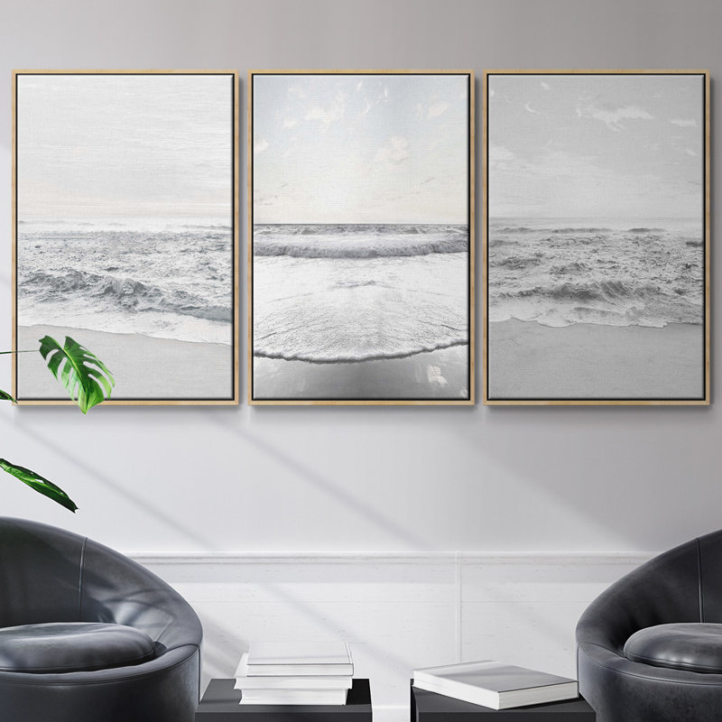 Ensemble de 3 pièces encadrées sur toile «Gentle Tides II», H 36 po x l 72 po, Cadre en bois naturel