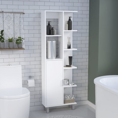 Armoire de salle de bain H 63 po, blanche, avec 7 tablettes ouvertes et 1 tiroir, armoire blanche au design chic et moderne
