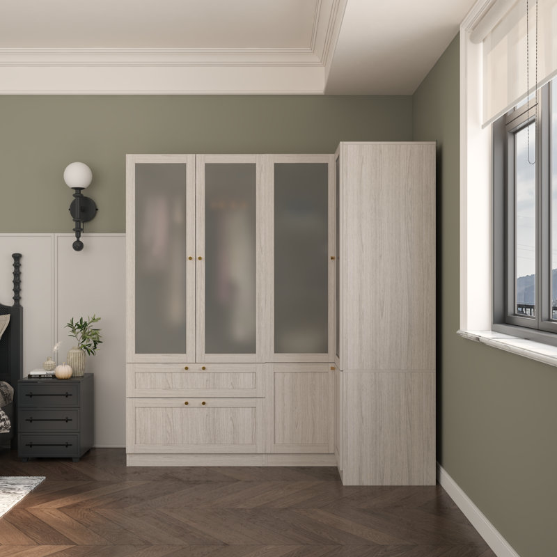 Modern Corner Wardrobe With Glass Doors, Ample Storage, And Gold Hardware - Two-Pack Shipping