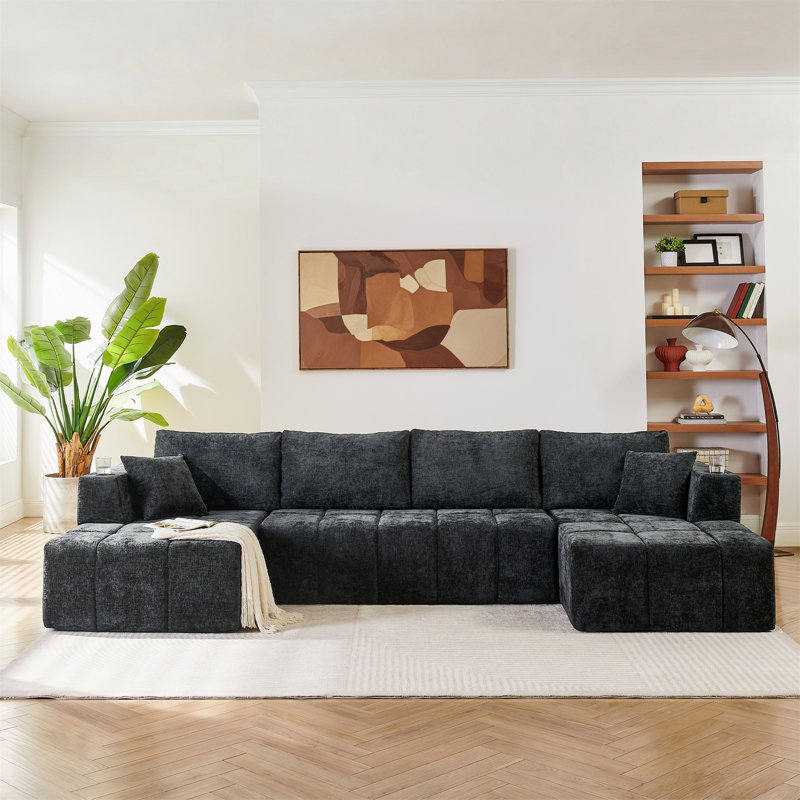 Canapé modulaire en chenille de 132 po en U, Chenille noir