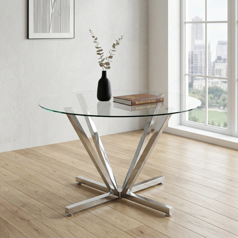45.3" Round Tempered Glass Dining Table with Radial Metal Base, Silver, Silver