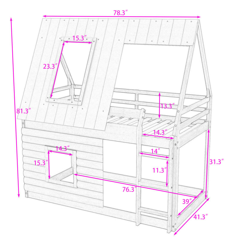 Twin Over Twin Wood House Bunk Bed With Roof, Ladder, Windows And Guardrails