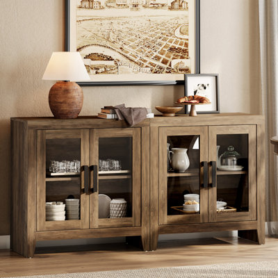 Farmhouse TV Stand For Tvs Up To 65”, Rustic Wood Entertainment Center With Adjustable Shelf, Glass Doors & Storage, Media Console Cabinet For Living-Room, Bedroom, Brown