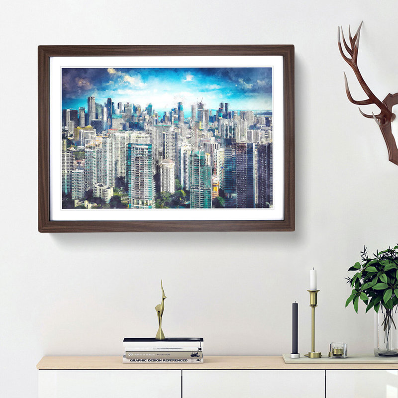 Singapore Skyline - Picture Frame Painting Print, 45cm H x 63cm W x 2cm D, Walnut Framed