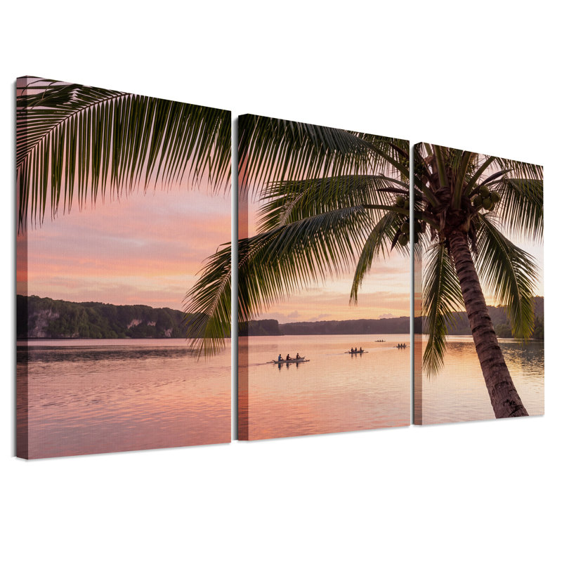 Ensemble de 3 toiles murales représentant un coucher de soleil rose encadrant un palmier sur la baie., 18"H x 12"W x 3pcs