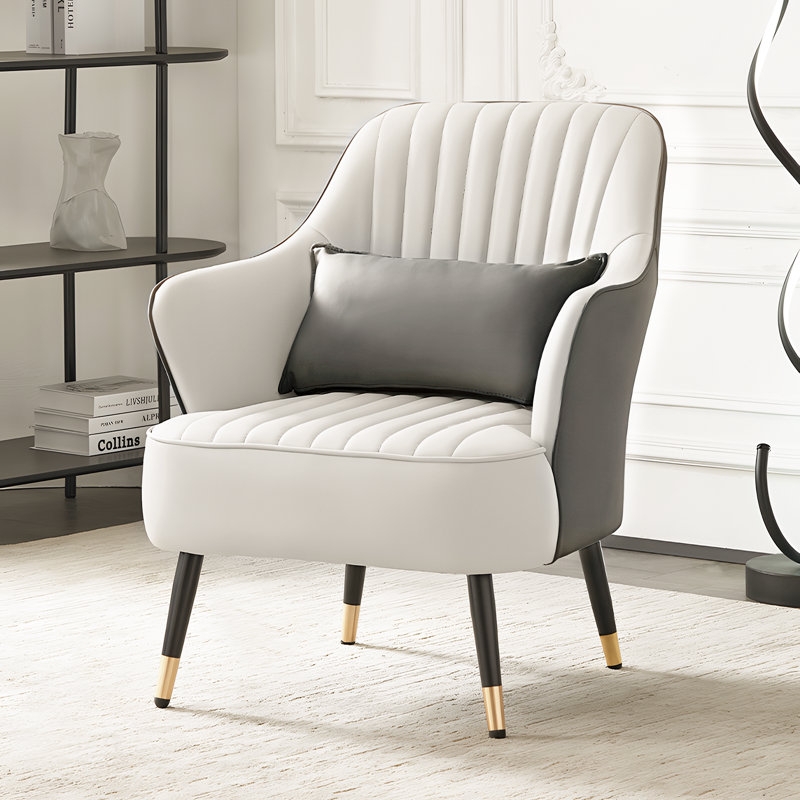 Fauteuil d'appoint en tonneau Raymer avec coussin et dossier moyen pour le bureau à domicile, Similicuir gris / beige