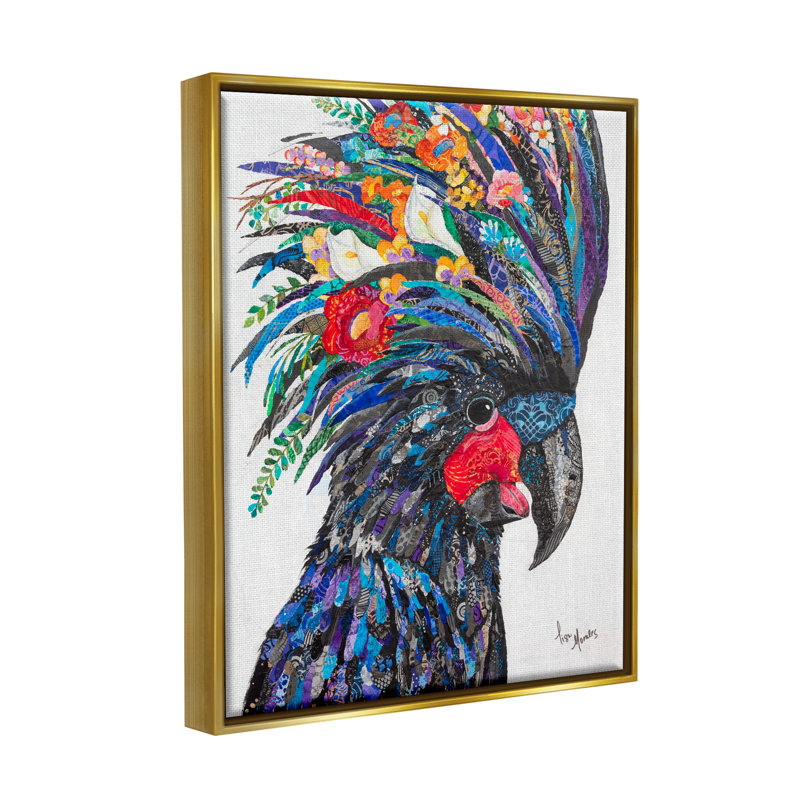 «Black Palm Cockatoo Bird Floral Collage» par Lisa Morales, peinture sur toile tendue, H 21 po x l 17 po x P 1,5 po