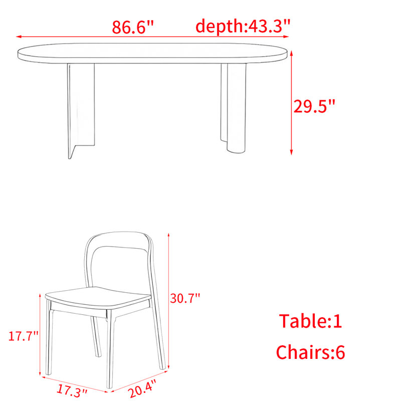 Ensemble de table à manger en bois massif de style français, H 29,5 po x L 86,6 po x l 43,3 po, 7