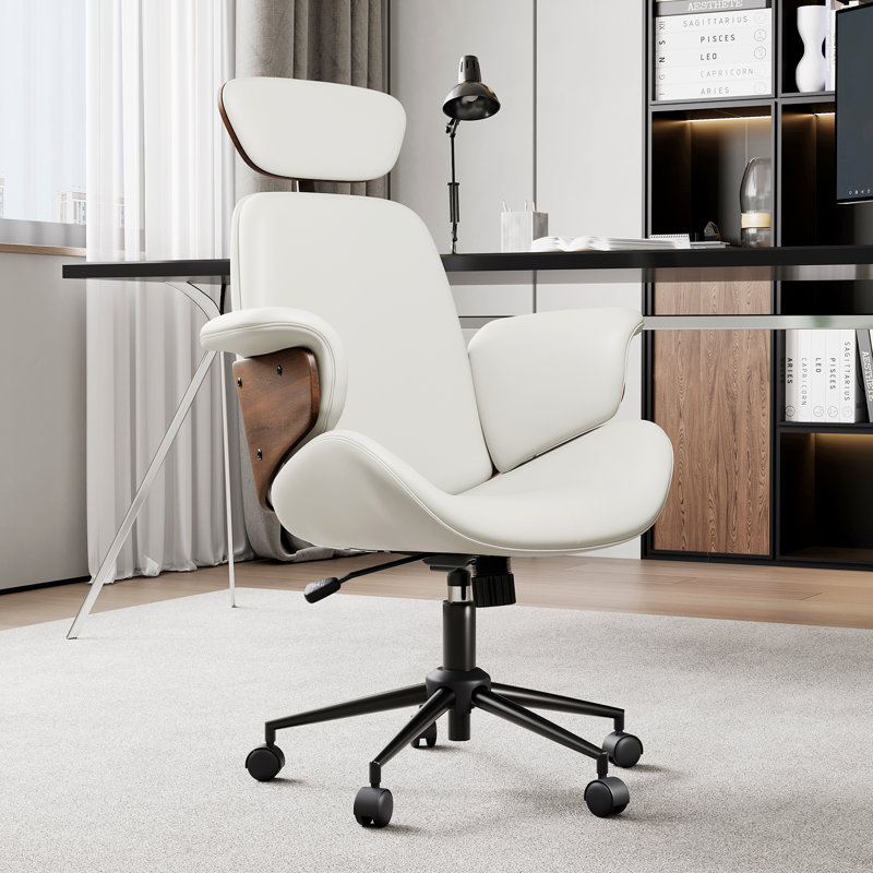 Modern PU Leather Home Office Chair with Wheels & Adjustable Height, White, White