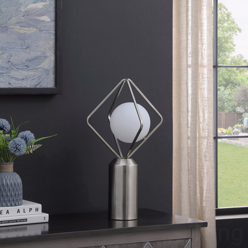 Lampe de table monoclinique moderne 19,5 po - Métal argenté brossé + abat-jour en verre blanc