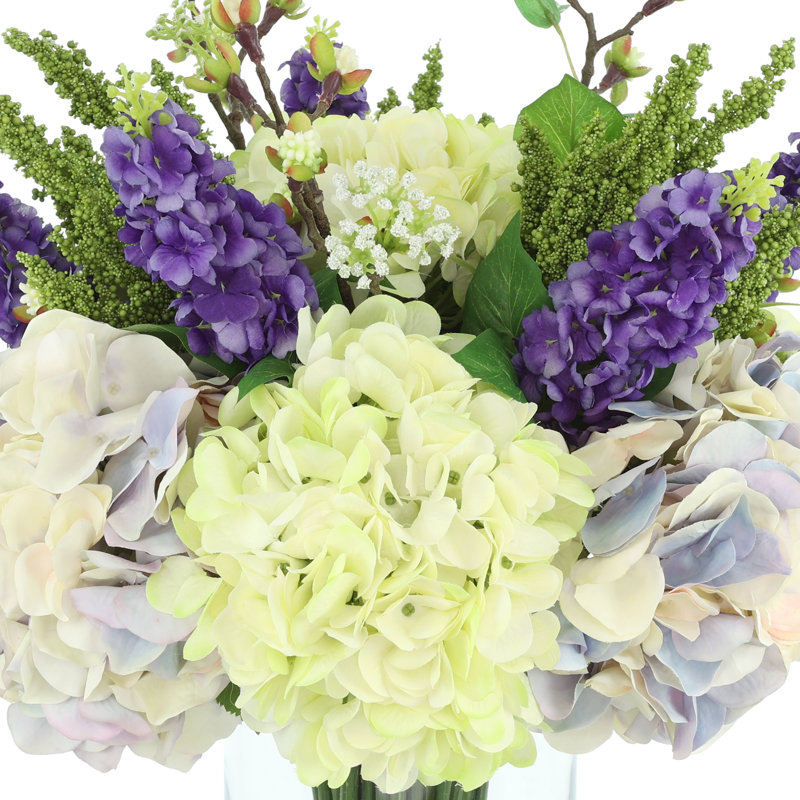 Faux Floral Arrangement with Hydrangeas and Heather, Purple, 18" H x 15" W x 15" D