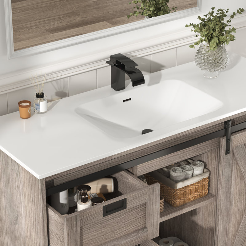 Meuble-lavabo 48 po avec lavabo en résine mate, robinet, porte de grange coulissante et 6 tiroirs, Gris