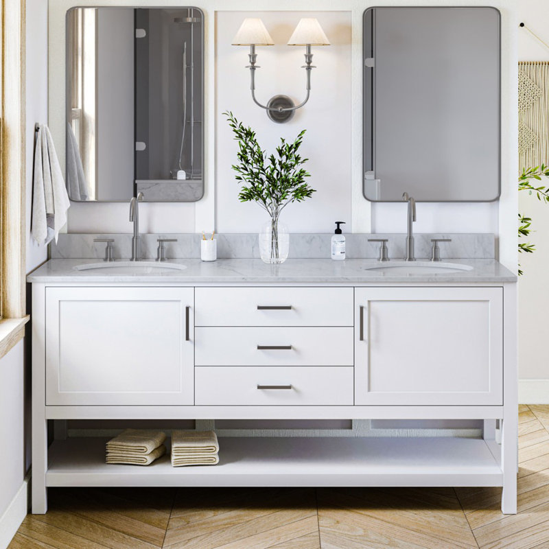 Ensemble de meuble-lavabo double 73 po Abby, Gris, Laiton satiné, Rectangulaire