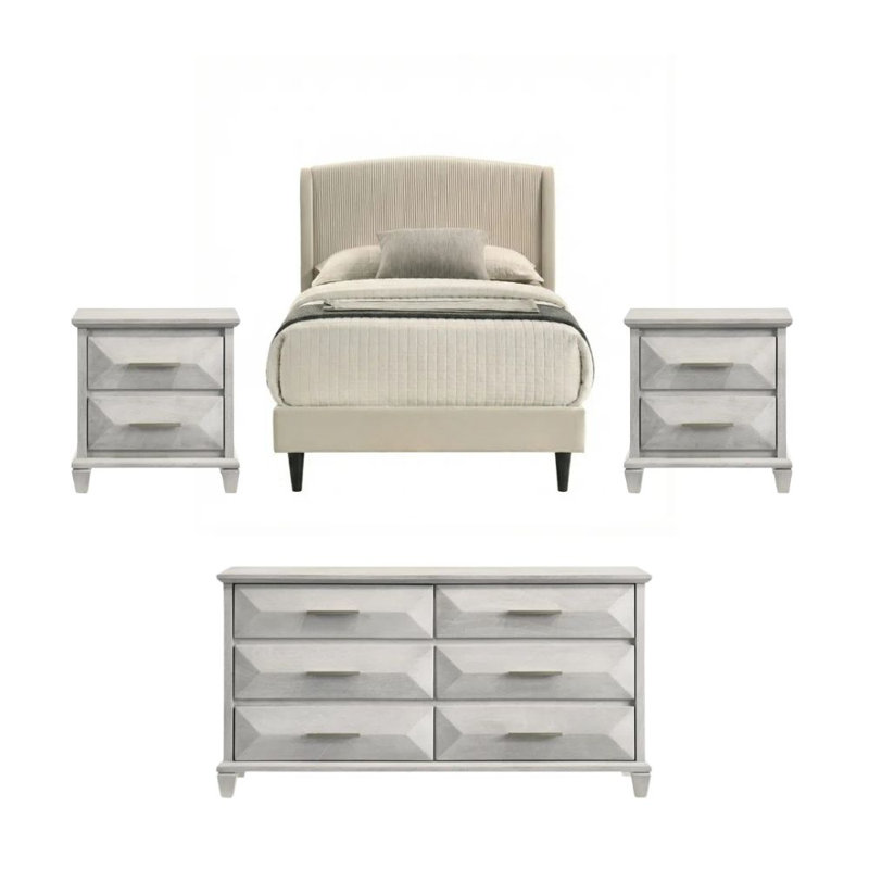 Clarence Contemporary Bedroom Set, Queen, 3 Pcs: Bed, 2 Nightstands