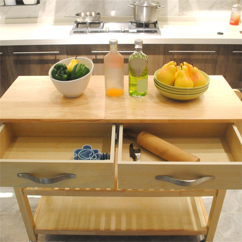Îlot de cuisine et chariot en bois d'hévéa durable avec roues verrouillables, conception simple pour une utilisation polyvalente et solutions de rangement.