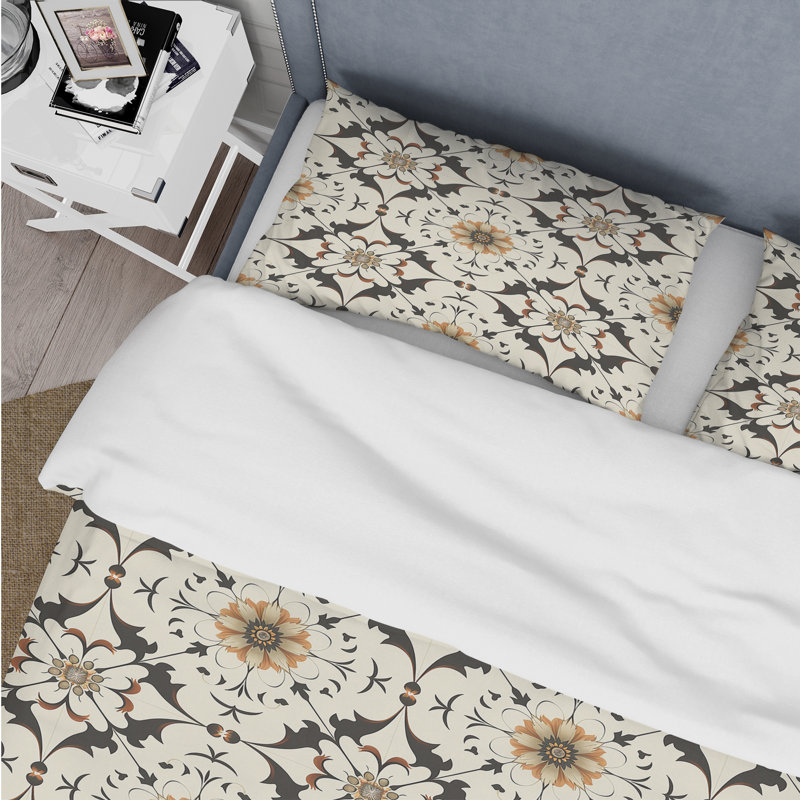 Ensemble de housse de couette à motif mosaïque noir et orange traditionnel, Housse de couette très grand + 2 très grandes ta