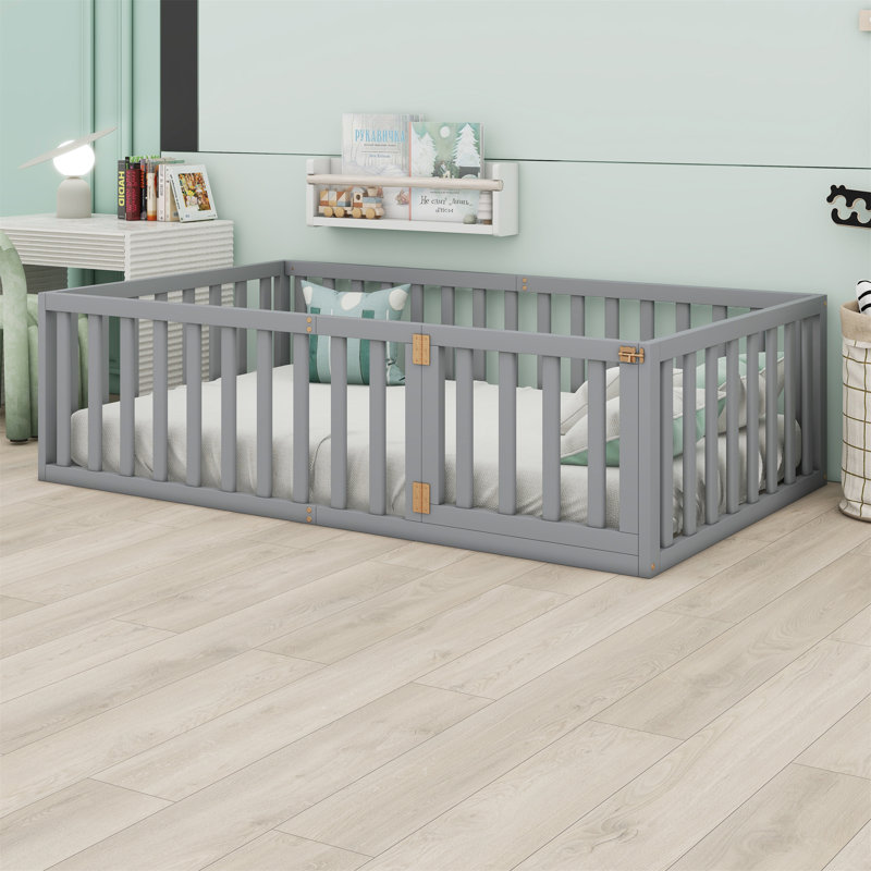 Structure de lit en bois avec clôture et porte, Double, Gris