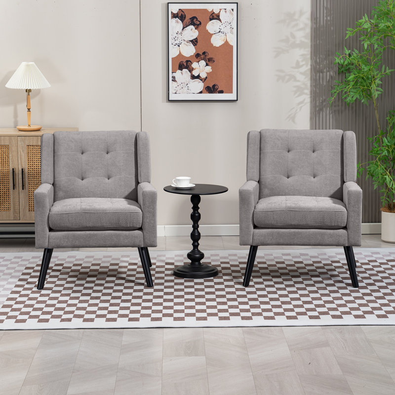26.77" Mid-Century Modern Accent Chair With Linen Upholstery, Tufted Back And Black Solid Wood Legs(Set Of 2), Light Gray