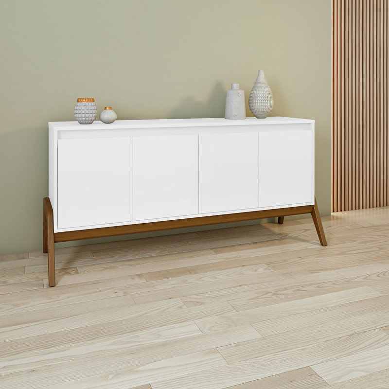 Buffet en bois massif de style Mid-Century 63 po avec 4 tablettes Gales, Blanc mat